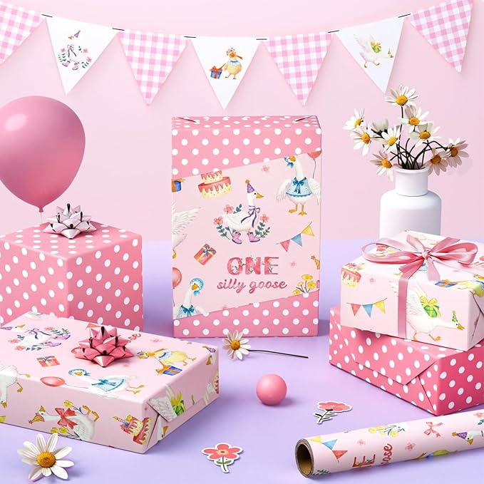 WERNNSAI Silly Goose Birthday Wrapping Paper - 1 Roll 17”x 16.4ft Baby 1st Wrapping Paper Baby Shower Girls Gift Wrap Pink Reversible 1st Birthday Present Packing Decoration Reversible Design