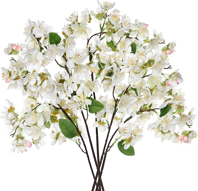 DILATATA Artificial Cherry Blossom Flowers 5 Pcs Silk Cherry Blossom Stems 22 Inch Long Stems Faux Silk Peach Flowers for Tall Vase Spring Decor Wedding Party Home Table Arrangement - White
