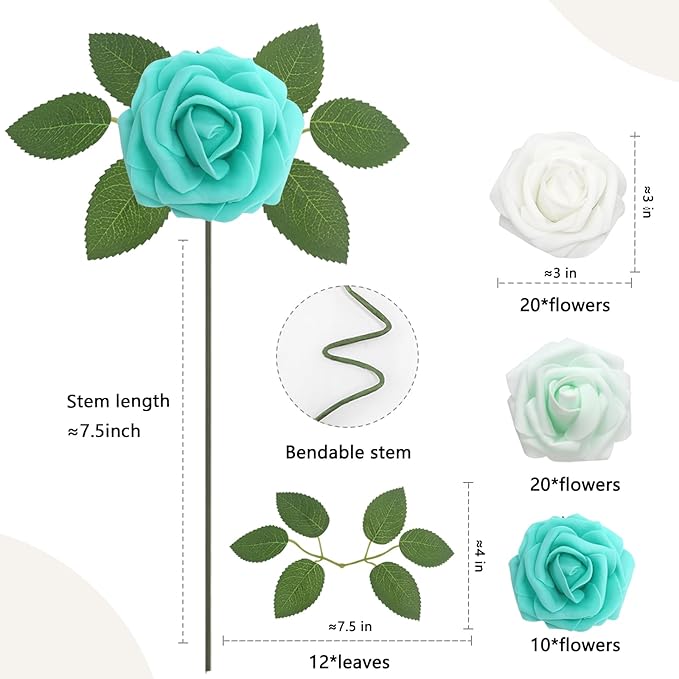 50PCS Artificial Flowers Green Series Roses Real Looking Foam Fake Roses with Leaves and for DIY Wedding Bouquets Bridal Shower Centerpieces Party Decorations (Green Series, 50)