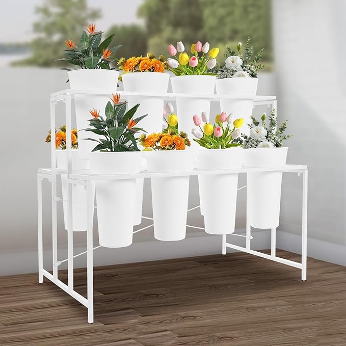 Flower Display Stand with 12 Pcs Buckets 3 Layers Metal Plant Stand Plant Cart Shelf Flower Bucket Rack Stand for Indoor Florist Garden Patio (White Stand-White Round Buckets)