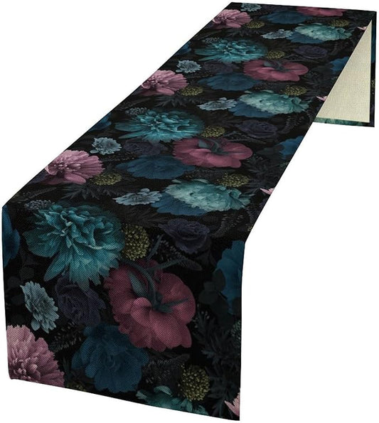 Blue Pink Flowers Table Runner, Boho Rose Flower Blossom Rustic Vintage Garden Peonies Spring Table Runner for Home Kitchen Dining Table Indoor Outdoor Party, 13x36inch