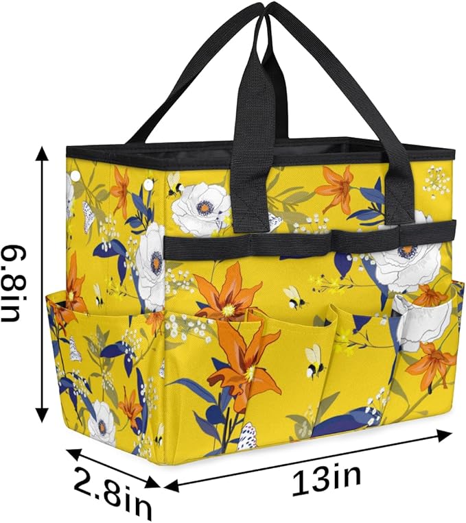 Flower Bee Butterfly Garden Tool Tote Bag for Women Men Gardening Tool Storage Bags with 10 Pockets Standable Garden Home Tool Kits Organizer for Indoor Outdoor Gardening Gifts