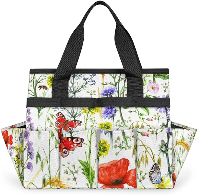 Garden Tool Tote Bag for Women Men Flower Butterfly Bee Gardening Tool Storage Bags with 10 Pockets Standable Garden Home Tool Kits Organizer for Indoor Outdoor Gardening Gifts