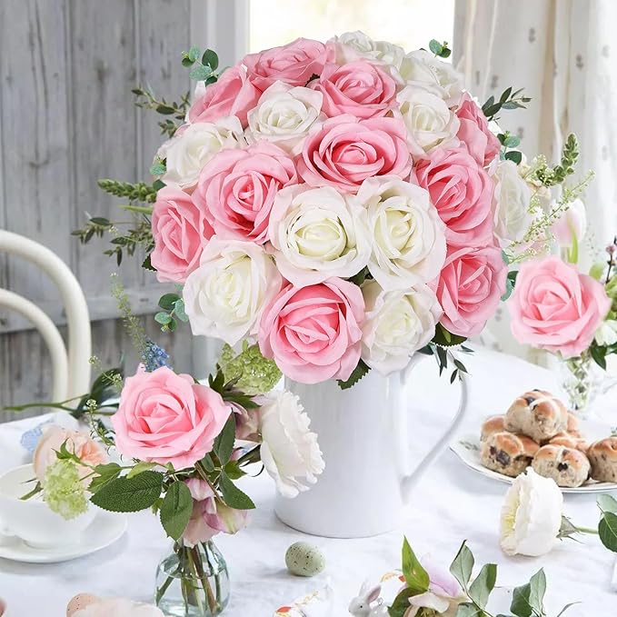 20PCS Artificial Roses with Long Stems - Realistic Silk Flowers, Fake Roses Bouquet of Roses for Home Decor, Bridal Wedding Party Table Centerpieces, Bulk Faux Rose Flowers (White Pink)