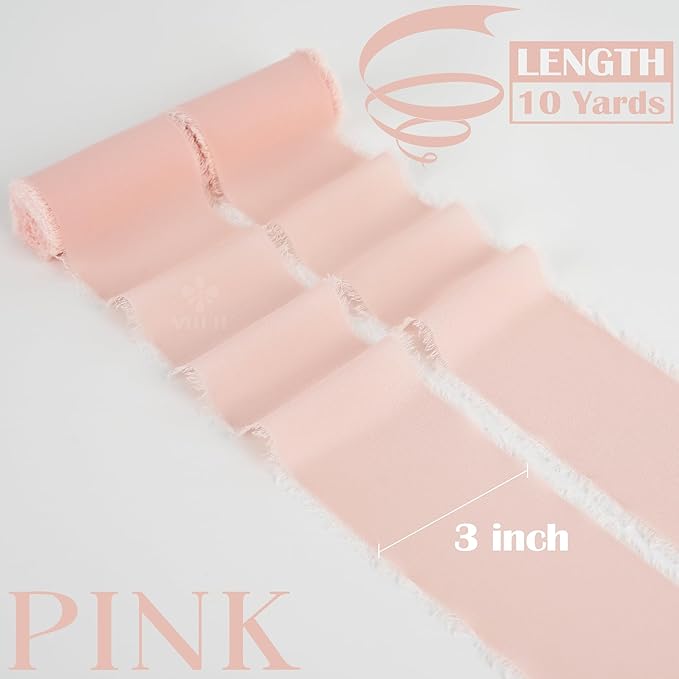 MEEDEE Blush Chiffon Ribbon 3 Inch Fringe Ribbons Pink Chiffon Silk Frayed Edge Ribbon Wide Chiffon Ribbons for Crafts, Flower Bouquet, Wedding Favors Wrapping (2 Rolls 10 Yards)