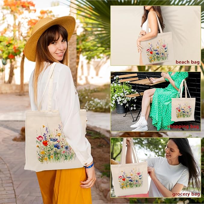 Aesthetic Floral Canvas Tote Bag for Women with Pocket, Tote Bags for Grocery Shopping Work Gym Christmas Birthday