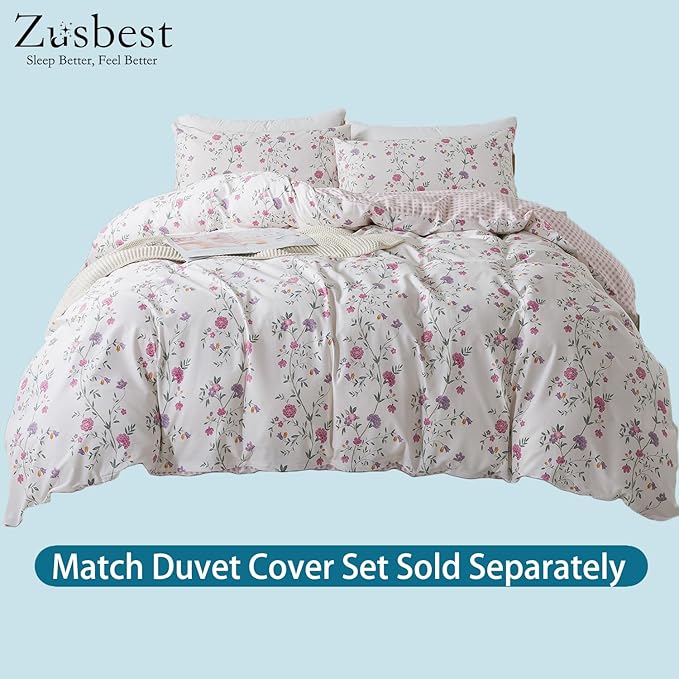 Zusbest King Sheets, Soft 100% Cotton Pink & Off White Floral Bed Sheets,Shabby Vintage Chic Purple Flower Printed Sheets,Breathable Home Decor, Garden Style 4 Piece Deep Pocket 17.5‘’（Rosy）