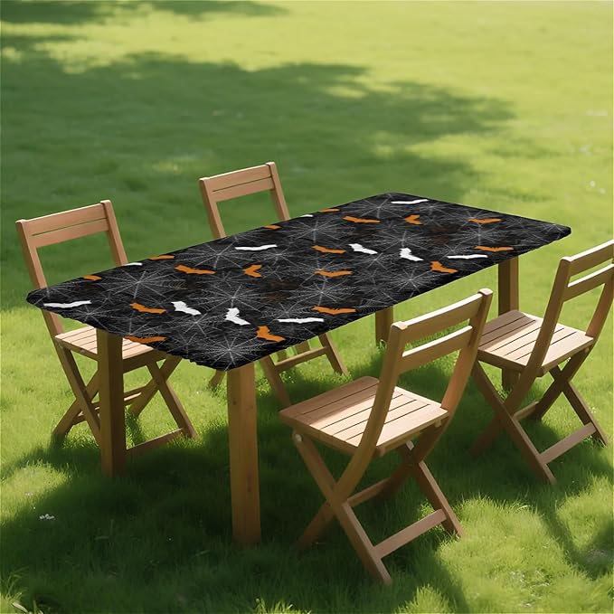 Rectangle Table Cloth Cover Waterproof Elastic Fitted Polyester Fitted Tablecloths for 4 Foot Tables for Indoor,Picnic, Camping, Outdoor （48" x 30"，Halloween）
