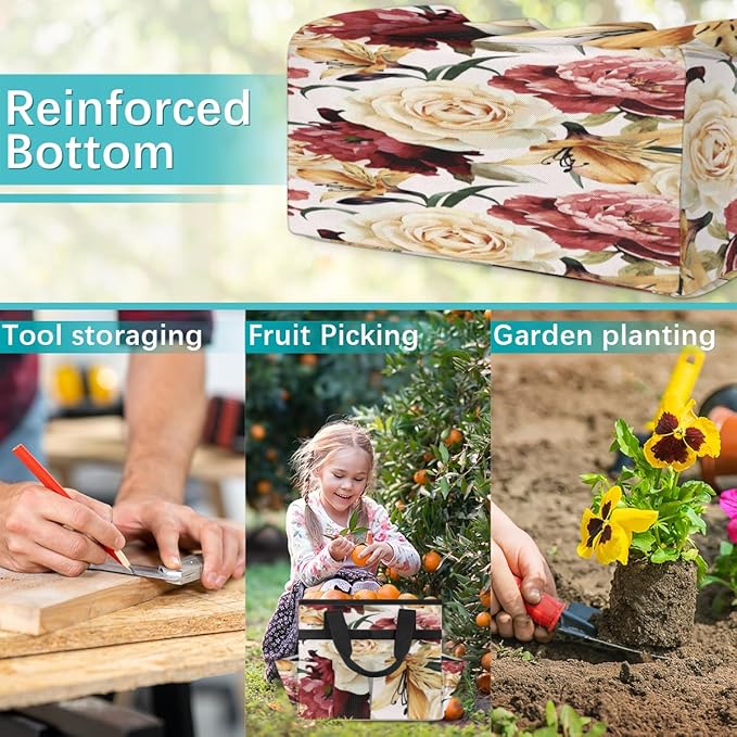 Floral Flower Pattern Garden Tool Tote Bag for Women Men Gardening Tool Storage Bags with 10 Pockets Standable Garden Home Tool Kits Organizer for Indoor Outdoor Gardening Gifts