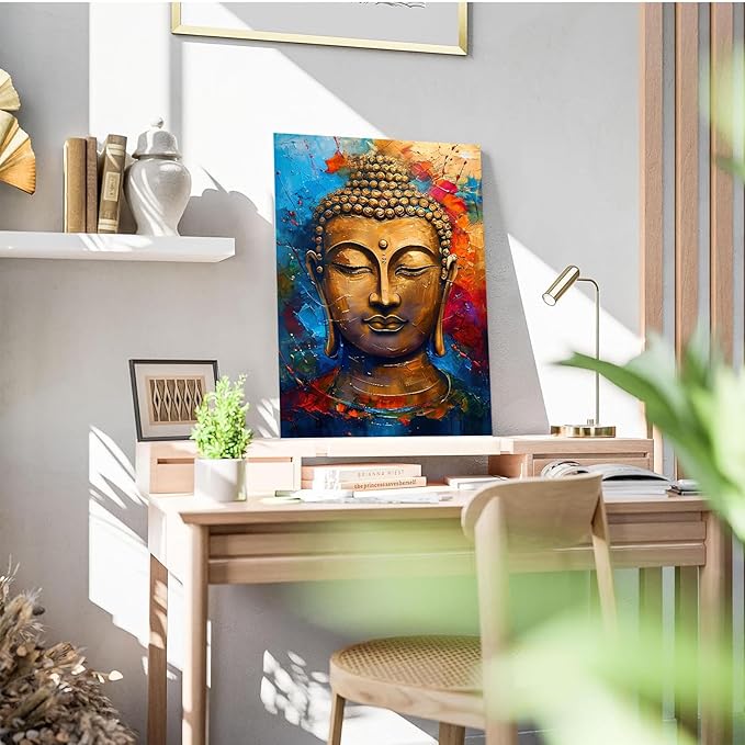 Golden Serenity Buddha Vintage Painting Wall Art Spirituality and Modern Art Wall Decor Adds Brilliance to Vibrant Home Decor 8x12in Wood Framed
