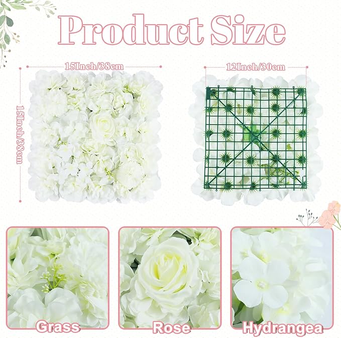 FOTSHARER Flower Wall Backdrop White Artificial Flower Wall Panel 15" x 15" Flower Panels for Backdrop 3D Floral Rose Wall Flower Photo Background Wedding Floral Back drop Wall for Wedding Party Event