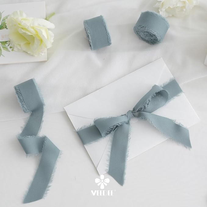 MEEDEE Slate Blue Chiffon Ribbon 1 Inch Fringe Ribbons Dusty Blue Chiffon Silk Frayed Edge Ribbon Thin Chiffon Ribbons for Crafts, Gift Wrapping, Wedding Invitation (3 Rolls 21 Yards)
