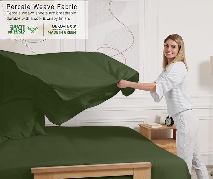 RUVANTI 100% Cotton Twin Sheets Set, 3 Pieces, Soft & Breathable Percale Weave Bedding, Deep Pocket 16", Hotel Standard, Crisp Cool Feel, Durable, Perfect Dyed Bed Sheet, Chive