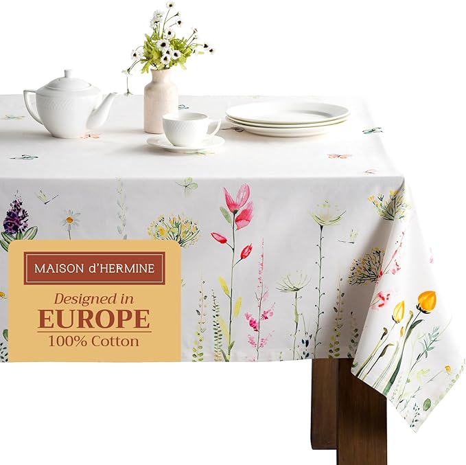 Maison d' Hermine Table Cloth Square Table 100% Cotton 54 x 54 Inches Tablecloth Reusable Decorative for Dining Room, Farmhouse, Home, Party, Festive & Wedding Spring Summer - Botanical Fresh