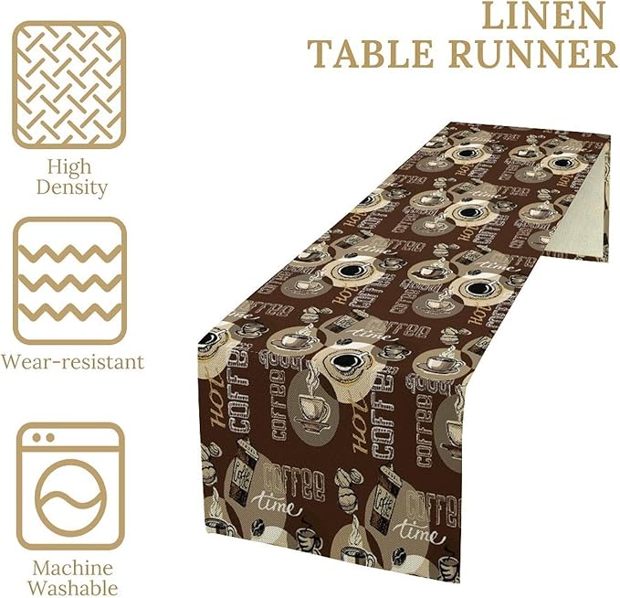 Coffee Theme Table Runner Vintage Coffee Beans Mug Cup Dinner Runner Table Decoration for Farmhouse Cabin Home Kitchen Dining Holiday Party 13x36in