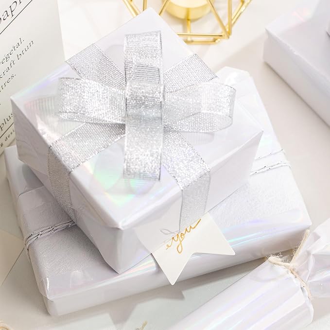Merture Solid Color Wrapping Paper Roll - 17 Inches X 32.8 Feet(46.5 sq.ft.) - 1 Roll, Metallic White Wrapping Paper for Wedding, Birthday, Party, Holiday, Congrats, Shower
