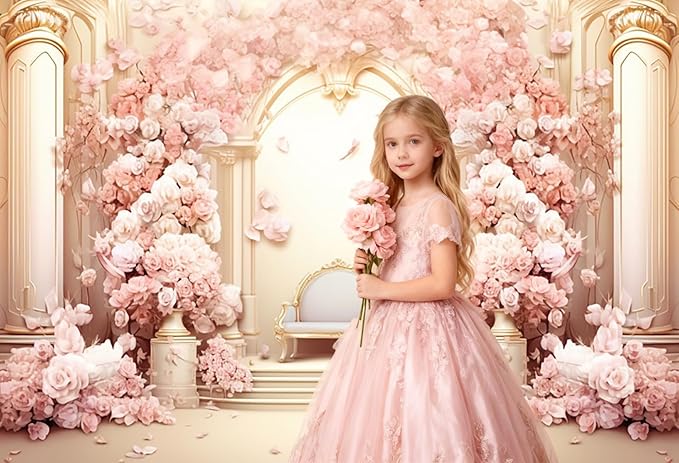 AOFOTO 12x8ft Wedding Backdrop Palace Hall Wall Spring Pink Flower Arch Background for Photography Bridal Shower Valentine's Day Prom Decoration Banner Girl Portrait Photo Booth Backdrop