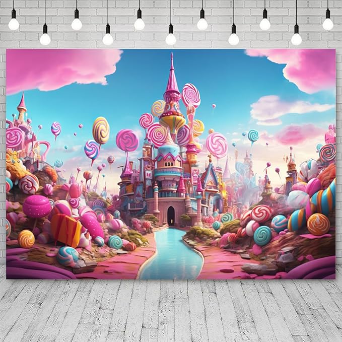 10x5ft Candyland Backdrop Sweet Candy Castle Photography Background Colorful Lollipop Blue River Cartoon Kids Birthday Banner Decorations Baby Shower Newborn Portrait Photo Booth Prop