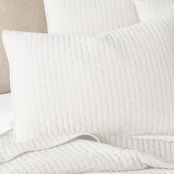 Levtex Home Cross Stitch Reversible Twin Bedspread Set (84x104in) with 1 Pillow Sham (26x20in) - Stitch Texture - Cream - Cotton Twin Size Bedspread Set - Lightweight, Soft, Pre-Washed