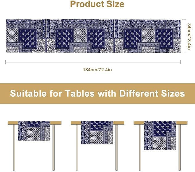 Boho Patchwork Table Runner, Blue White Bohemian Paisley Floral Vintage Farmhouse Table Runner for Kitchen Dining Home Party Holiday, 13x108 Inch