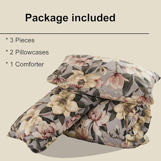Bedding_Dreamer Floral Comforter Set Queen, 100% Cotton, Elegant Flowers Botanical Bedding Set Colorful Watercolor Cute Flower and Leaves Shabby Chic Cottage, 4 Pcs