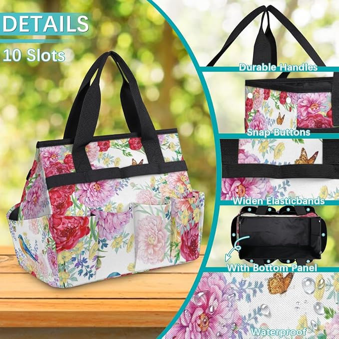 Garden Tool Tote Bag for Women Men Flower Bird Butterfly Gardening Tool Storage Bags with 10 Pockets Standable Garden Home Tool Kits Organizer for Indoor Outdoor Gardening Gifts