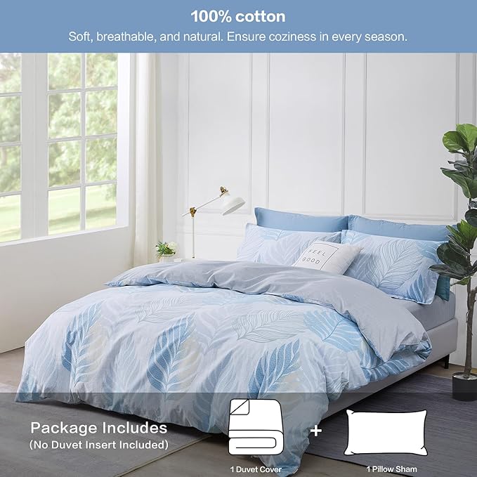 SAPHREAS Monstera Leaf Blue Duvet Cover Set 2pcs Tropical Botanical Palm Leaves Bedding Comforter Cover Set Closure 1 Duvet Cover 1 Pillow Sham, Comforter Not Included