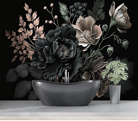 Eierme-Black Background with Flowers and Leaves Mural Wallpaper Peel and Stick 160" x 114"