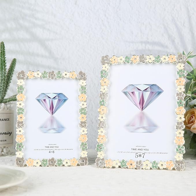 5x7 Colorful Flower Picture Frame Pretty Metal Photo Frame Tabletop or Wall Art Decoration, Clear Glass Front, Unique Gifts for Women Wedding Mothers Day, Horizontally & Vertically