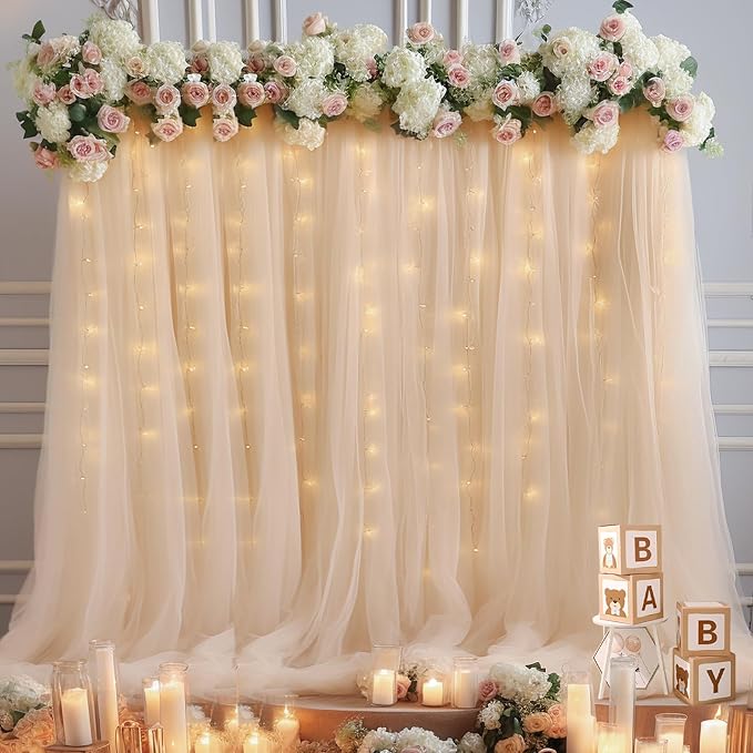 30x8ft Champagne Tulle Backdrop Curtain with Lights String for Parites, Sheer Backdrop Curtains for Wedding Baby Shower Birthday Party Photo Shoot Decorations