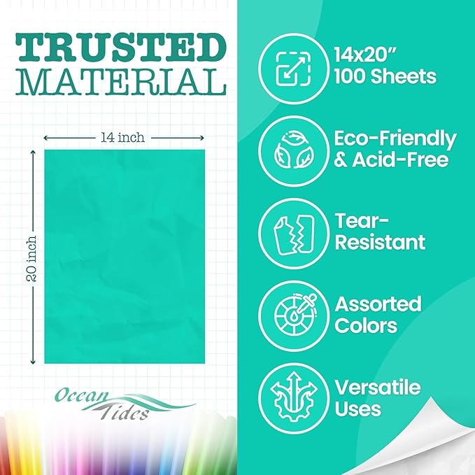 Ocean Tides 200 Sheets (20 x 30 Inches) Christmas Wrapping Paper – Gift Wrapping Tissue Paper Bulk for Crafts, Birthdays, & Holidays – Colored Tissue Papers for Gift Bags & Decorations, Assorted