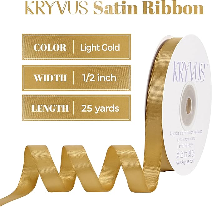Light Gold Satin Ribbon, Double Faced 1/2 Inch X 25 Yards Light Gold Ribbon, Premium Satin Ribbon for Gift Wrapping, Crafts, Hair Bow Making, Sewing, Flower Bouquet, Wedding Party Decor