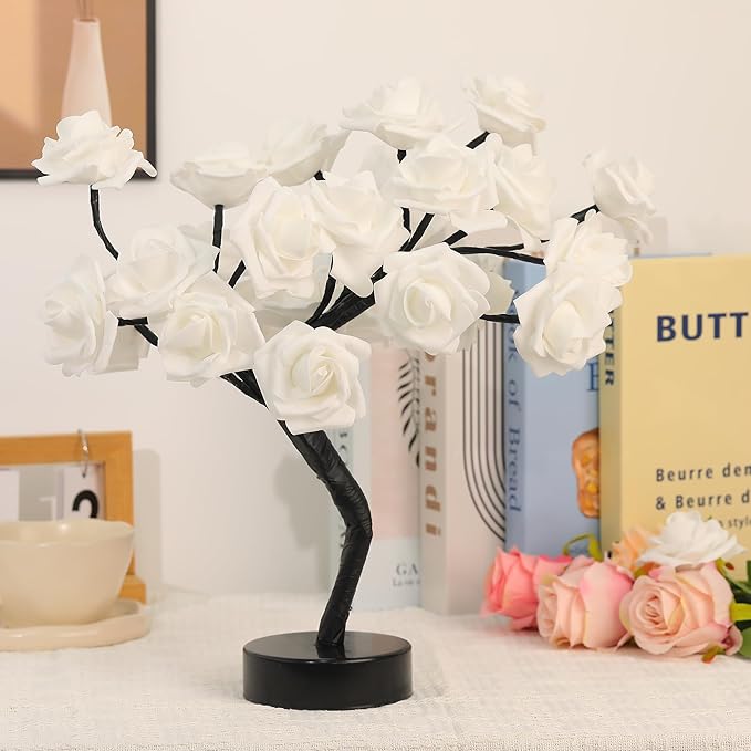 Rose Flower Tree Lamp - LED Rose Tree Table Lamp USB/Battery Powered Artificial Bonsai Flower Night Light for Bedroom Living Room Party Wedding Valentines Mothers Day Decor (White)