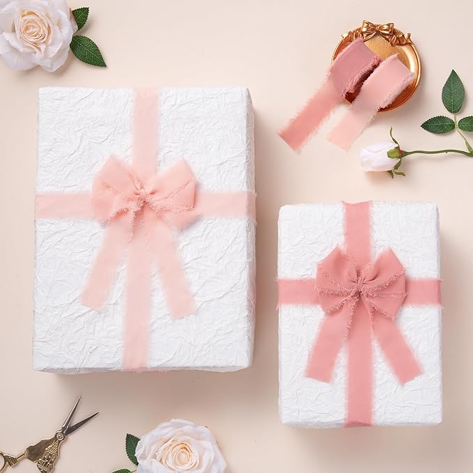 DORIS HOME Dusty Rose Chiffon Ribbon for Flower Bouquet, 1" x21Yd Fabric Ribbon for Gift Wrapping, Handmade Frayed Ribbon for Wedding Invitations/Christmas Decorations