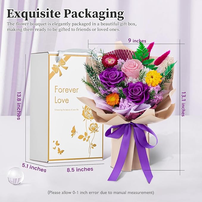 Forever Flowers Gifts for Her, Preserved Flowers Bouquet Birthday Gifts for Women, Preserved Roses for Grandma Wife Anniversary Valentine's Day Mother's Day (Purple Paper)