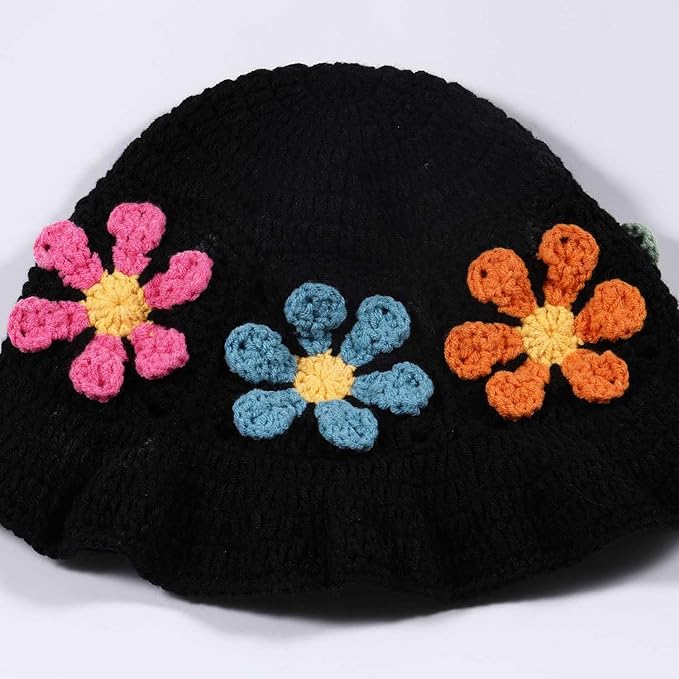 Crochet Bucket Hat for Women Flower Knit Hat Hollow Out Foldable Cap Hats
