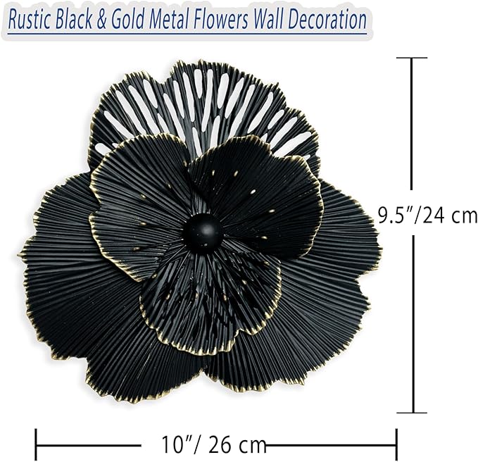 10" Metal Flower Wall Art Decor, Rustic Modern Floral Sculpture, Distressed Iron Wall Hanging Home Decoration Accent Artworks for Indoor Kitchen Bedroom Living Office Outdoor Garden Patio (36C-Black)