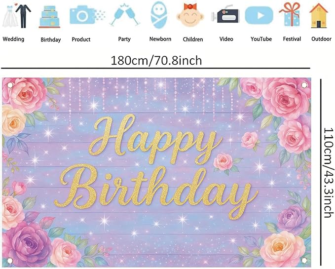 71 x 43 Inch Happy Birthday Backdrop Purple Pink Floral Glitter Rose Birthday Party Decorations Banner for Girls Women Kids Birthday Supplies Photo Booth Wall Backdrop Photography Props