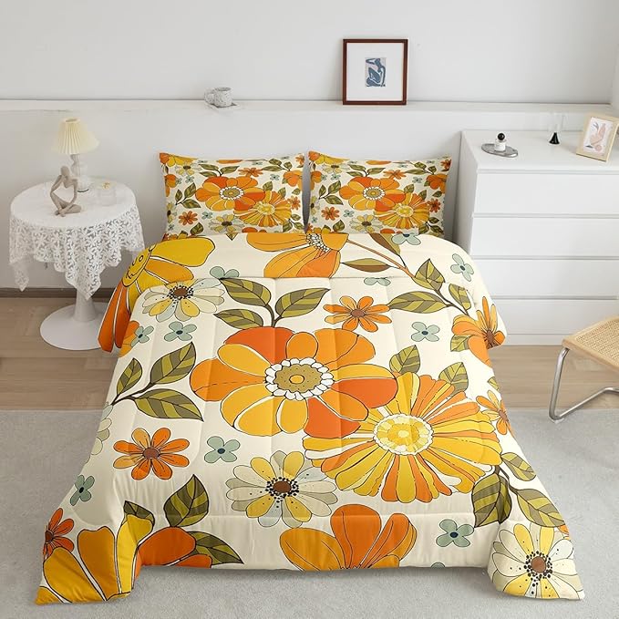 Castle Fairy Kids Retro Flowers Comforter Set Full Size,Watercolor Yellow Floral Green Leaves Plant Bedding Comforters Room Decor,70s Trippy Daisy Quilt Set with 2 Pillowcases,Teens Present