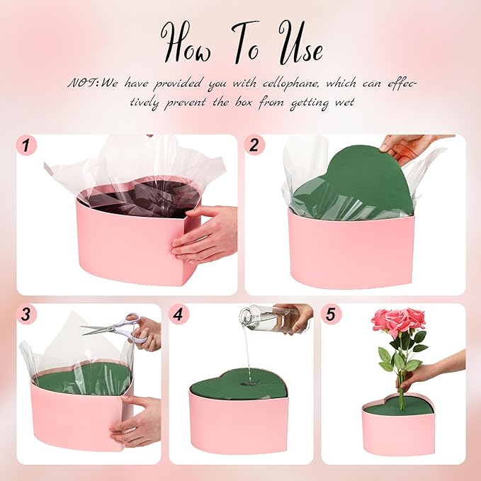 Nuenen Heart Shaped Flower Gift Boxes, Floral Gift Box with Lids Floral Foam Clear Cellophane 9.8 x 9 x 5 Inches for Birthday Wedding Proposal Packaging Arrangements(Pink)