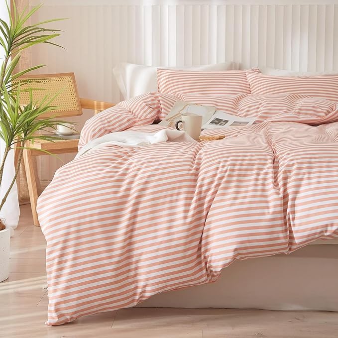 King Size Comforter Set Pink White Stripes Pattern Comforter Modern Striped Comforter Set Fluffy Lightweight 3 Pieces Bedding Comforter Farmhouse Stripes Boho Bed Comforter with 2 Pillowcases