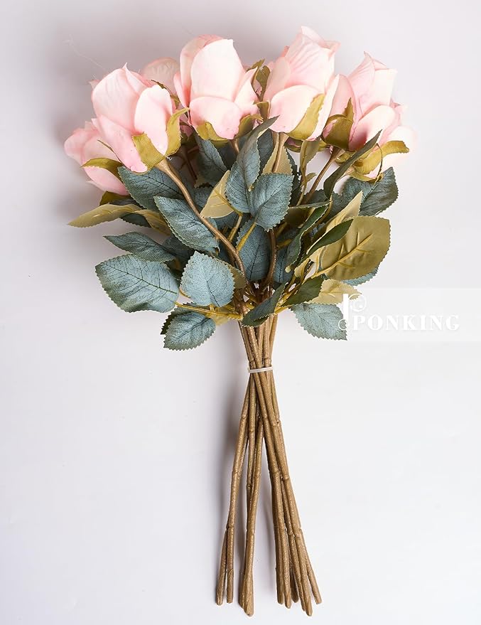 Rose Artificial Flower Buds 12pcs Realistic Faux Silk Roses Fake Flowers Bouquets Arrangements Decor for Wedding Spring Mother's Day, Home Table Decorations, Champagne Flower