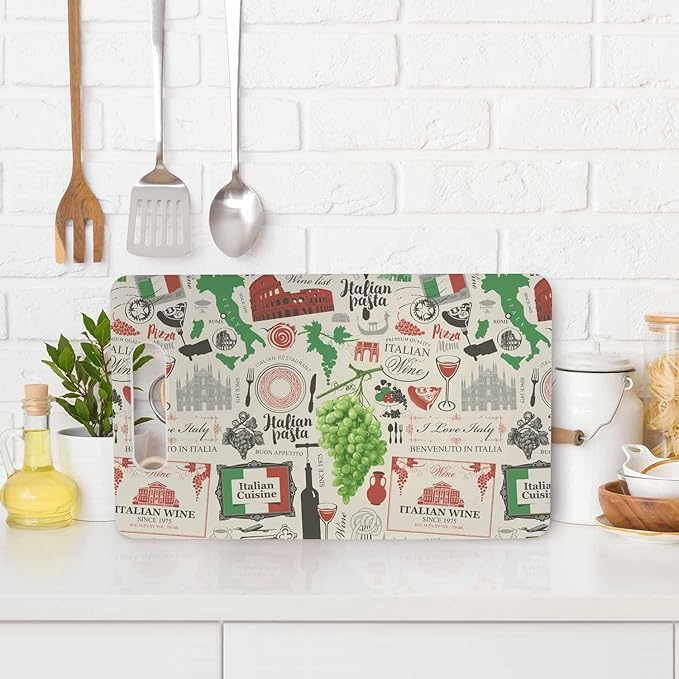 Retro Italian Pattern Cutting Boards Wine Food Grapes Architecture Cutting Boards Kitchen Chopping Board with Handles Non Slip Plastic 16 x 10 x 0.24 Inch