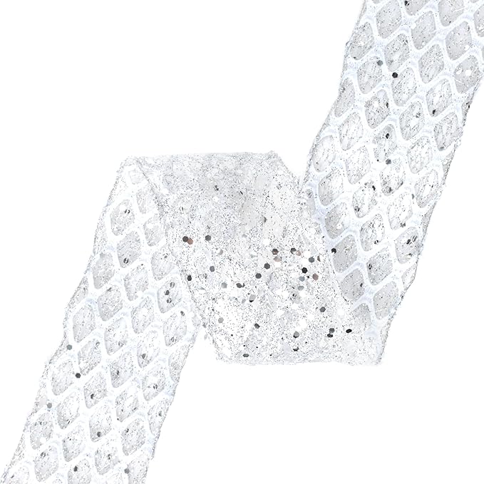 VATIN 2-1/2" Silver Christmas Ribbon, Silver Glitter Mesh Diamond Web Sequin Dots Wired Christmas Ribbon for Gift Wrapping Bow Making Wreath Supply-10 Yards