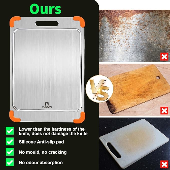 100% Pure Titanium Cutting Board with Grooves, Update Double Side Titanium Chopping Board, Silicone Anti-slip Stainless Cutting Boards for Kitchen 10 * 14 IN, Orange