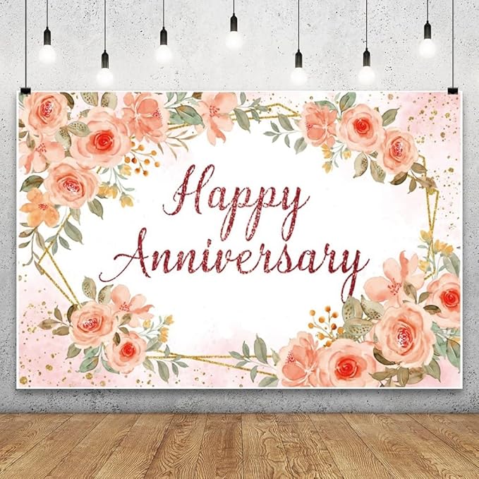Leyiyi 6x4ft Happy Anniversary Backdrop Watercolor Pink Floral Rose Green Leaves Gold Dots Glitter Photography Background Cheers to Wedding Anniversary Bridal Shower Party Decorations Photo Props