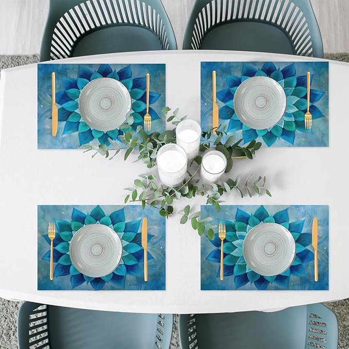 Teal Flower Mandala Placemats Set of 6 PVC Vinyl Non Slip Table Mats Waterproof Heat Resistant Place Mats Washable Wipeable Dining Table Mat for Kitchen Party Indoor Outdoor Decorative