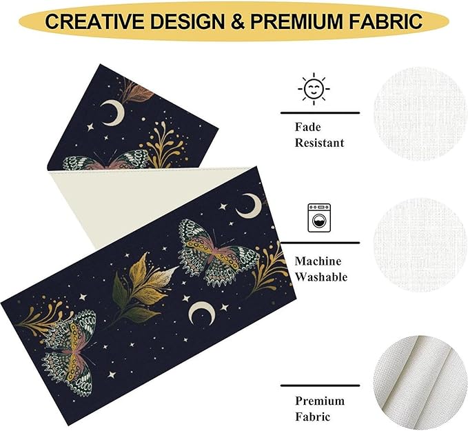 Gothic Moth Table Runner, Boho Gothic Floral Butterfly Sun Moon Mystical Witchy Starlight Coffee Table Center Decor for Home Kitchen Dining Patio Holiday Party Table Decorations 13x36 inches