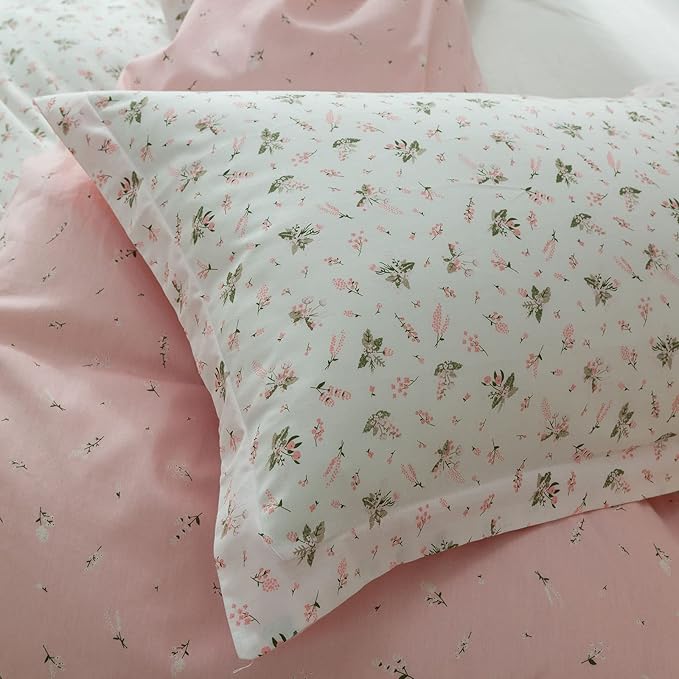 EAVD Vintage Style Garden Pink Floral Duvet Cover Queen 100% Cotton White Pink Botanical Bedding Set for Girls Women Chic Shabby Boho Botanical Floral Comforter Cover with Zipper Closure 4 Ties