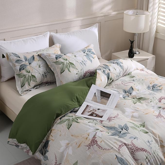 LONAVA Queen Botaincal 3 Pcs Duvet Cover Set, Breathable Soft Microfiber Forest Green Lining Comforter Cover with Zipper Closure, and 2 Anti-Pilling, Fade Resistant Pillowcases, Lavender